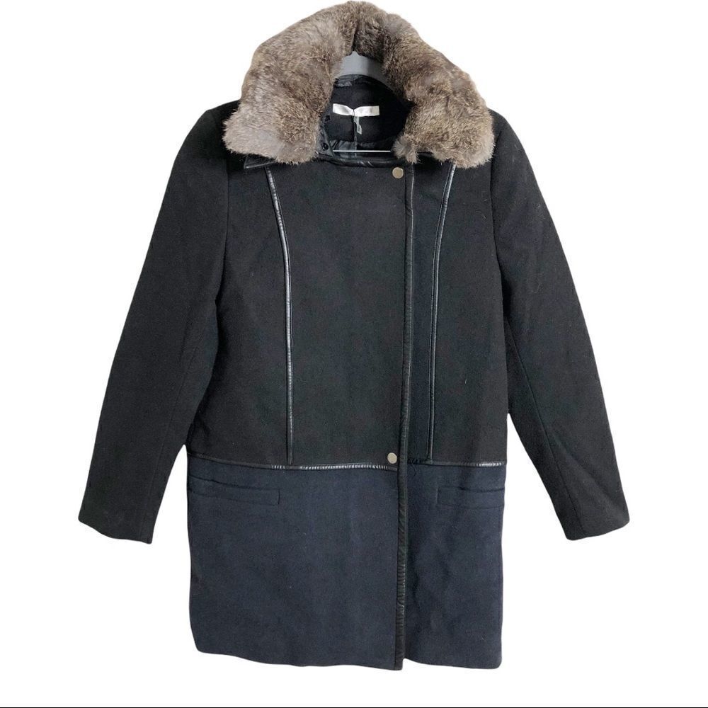 See You Soon Black/Navy Wool‎ Blend Fur Collar Mid-Length Coat New